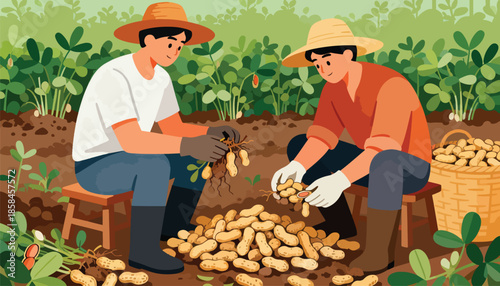 Two farmers harvesting peanuts in a field, with baskets of peanuts
