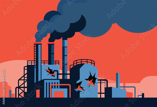 Damaged factory spewing smoke against a red sky