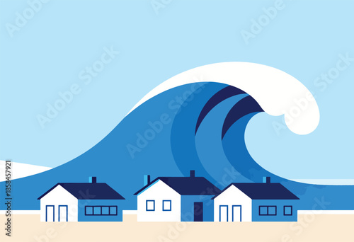 A colossal blue wave looms over a row of small houses