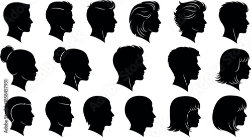 Collection of Diverse Male and Female Haircut Silhouettes and Head Profiles for Beauty Salons Barbershops Fashion Design and Graphic Avatars