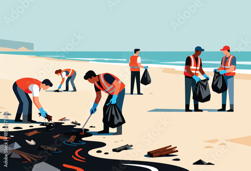 Diverse volunteers clean polluted beach