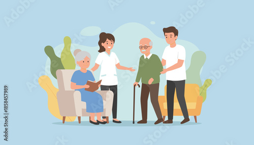Support for seniors Nurse and family assist an elderly couple in an indoor living space