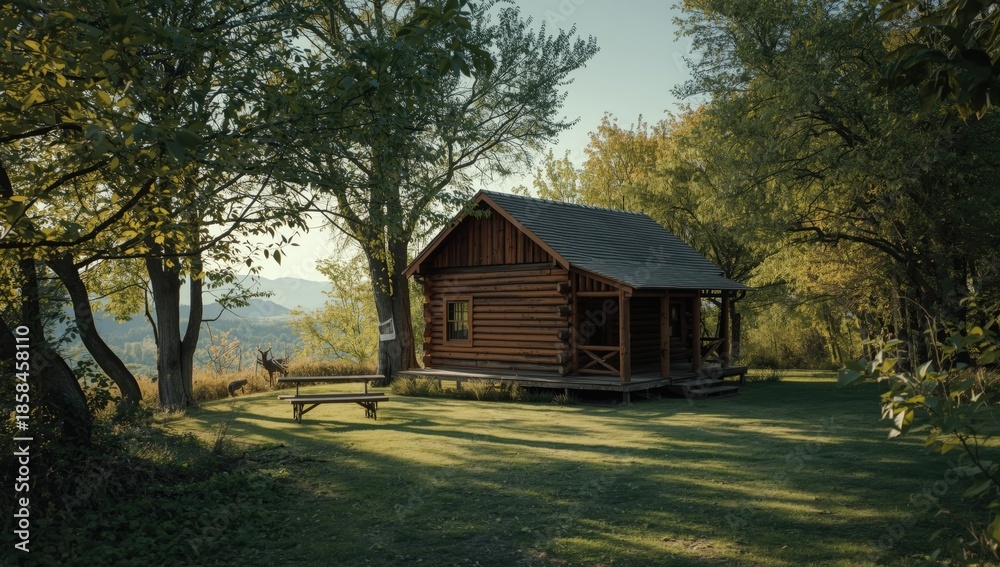 Fototapeta premium Log cabin nestled in tranquil nature with a seating area, rustic outdoor living
