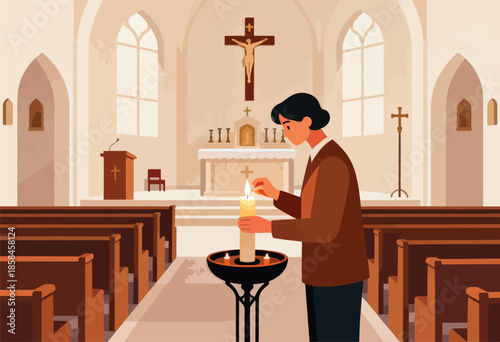A person lights a tall candle in a church, facing the altar