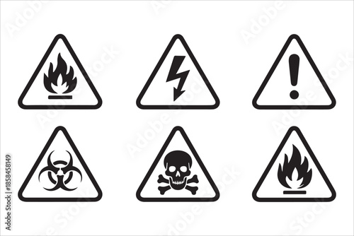 Vector Fire warning, hazard danger, Caution , high voltage , Attention, risk, flammable, skull, bone flat icons set