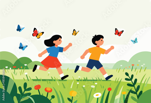 Children chasing butterflies in a vibrant meadow with rolling green hills