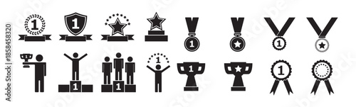 Set of first place award and victory icons medals, trophies, podium, and winner silhouettes