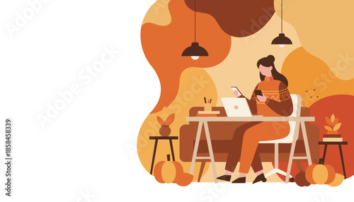 Woman working remotely at an autumnal desk setup using laptop and phone Cozy home office lifestyle