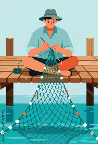 Fisherman repairs net on dock