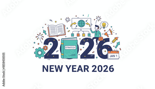 New Year 2026 strategy planning setting goals innovation and business growth illustration