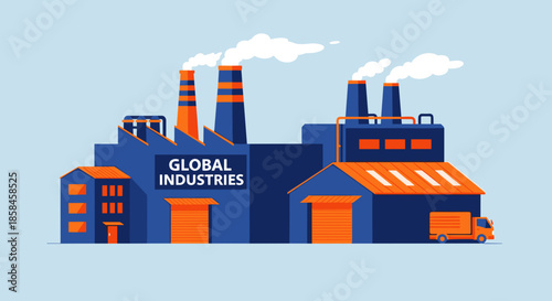 Global Industries factory illustration with smokestacks and delivery truck symbolizing manufacturing production and logistics