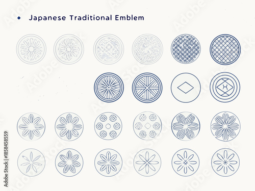 Collection of traditional japanese circular emblems and patterns in blue tones