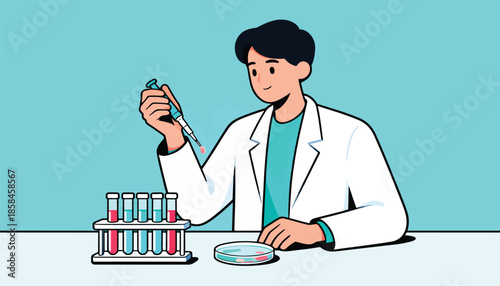 A person in a lab coat carefully uses a pipette on scientific equipment