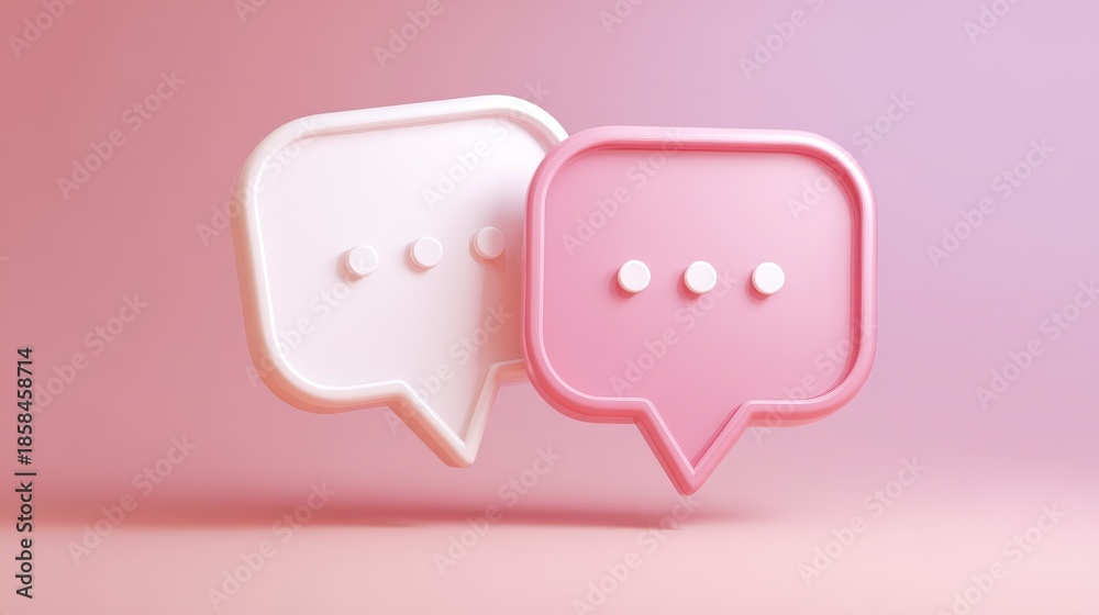 Fototapeta premium Two cartoon speech bubbles in pink and white, overlapping. One white, one pink. Both have three dots. Background gradient