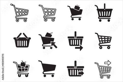 Vector Shopping basket icon collections, Shopping cart line and flat icon. Internet shop symbol. Web store shopping cart  icons set