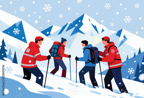 Four trekkers ascend snowy mountains under falling snowflakes