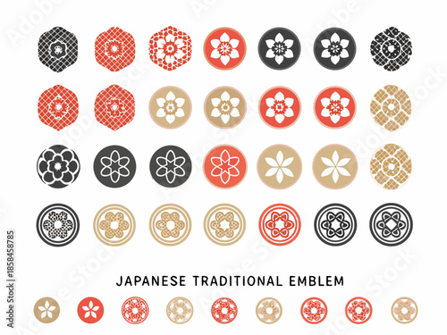 Collection of japanese traditional emblems and floral patterns in various colors