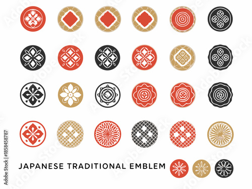 Collection of traditional japanese mon symbols in varying geometric designs