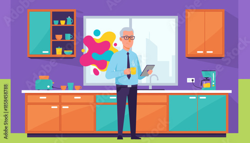 Businessman using a digital tablet during his morning coffee break in a vibrant modern kitchen setting