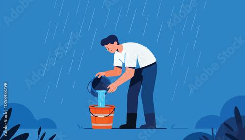 Man collecting water from bucket in a rainstorm