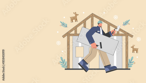 Constructor carrying material for home framing in a cute snowy holiday environment