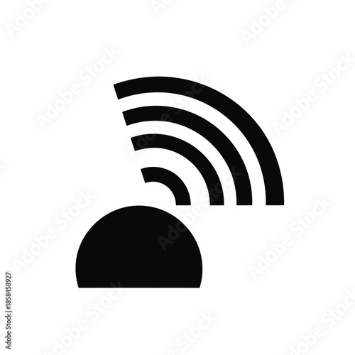 A simple black and white icon depicting a wireless signal radiating from a circular base commonly representing wifi connectivity high quality