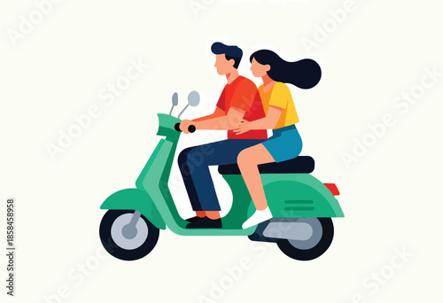 Couple riding a green scooter together