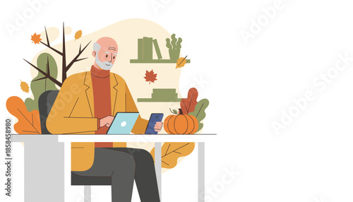 Elderly man working remotely on a laptop and phone in a cozy autumn home office setting