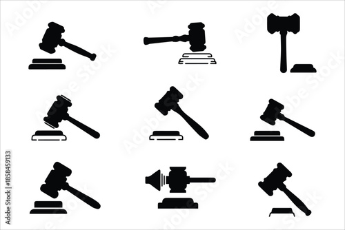 Vector Judge gavels collection flat icon ,Auction hammer icon. Gavel icon in different style. Court tribunal symbol , Gavel set icons in black flat style