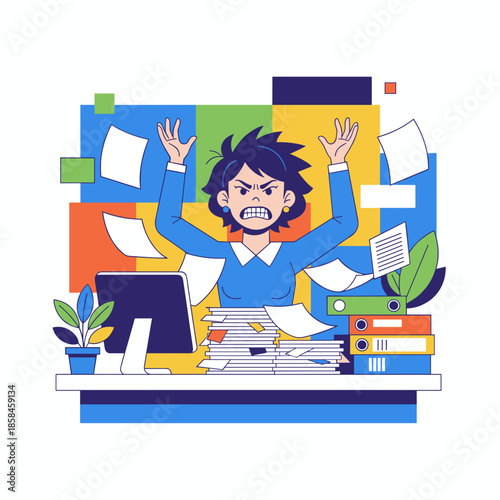 Stressed office worker overwhelmed by massive paperwork symbolizing burnout and excessive workload