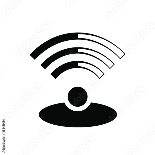 a simple black and white graphic depicts a wifi signal emanating from a circular base representing wireless connectivity and network access