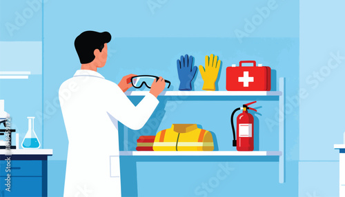 Scientist in lab coat gathers safety equipment, including goggles, gloves, and first aid