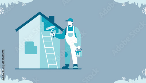 A handyman painting a house exterior during winter maintenance using a ladder and roller