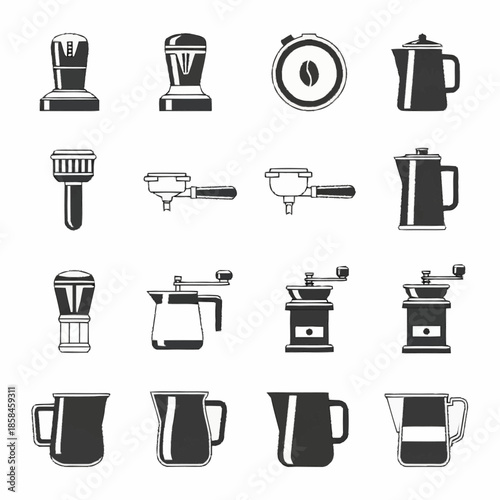 Collection of coffee making equipment and accessories in a grid layout.
