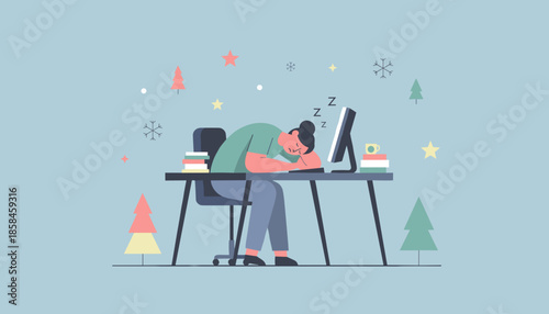 Tired worker asleep at desk during winter holidays Stress deadline and burnout concept