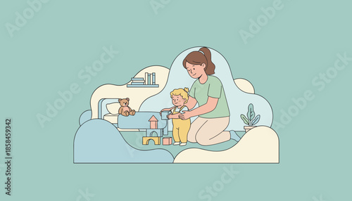 Mom helps toddler play with blocks Happy family bonding childhood development and education illustration