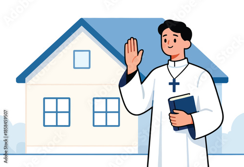 Clergy member in white robe holding a book in front of a house