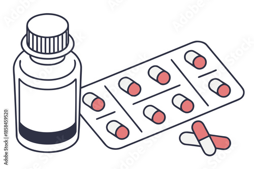 Medical bottle and blister pack of pills isolated on transparent background