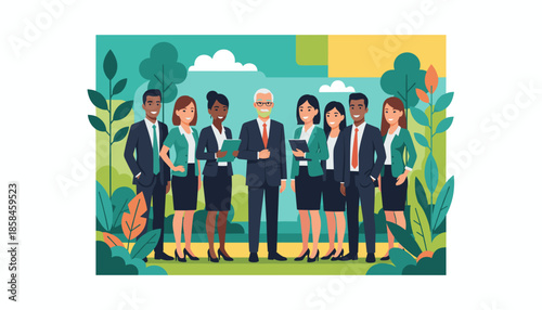 Diverse team of business professionals standing in a natural green environment
