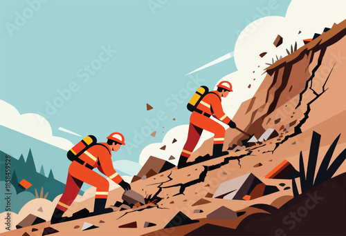 Two rescuers in orange suits navigate a treacherous, cracked hillside during a rescue operation