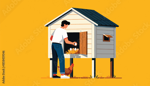 Person gathering eggs from a chicken coop with a chicken nearby