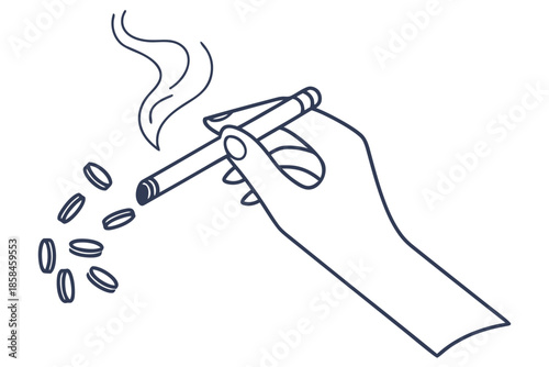 Minimal flat vector illustration of a hand holding a smoking cigarette with wisps of smoke