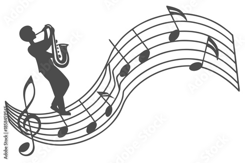 Minimal flat vector illustration of a saxophone player on flowing musical notes
