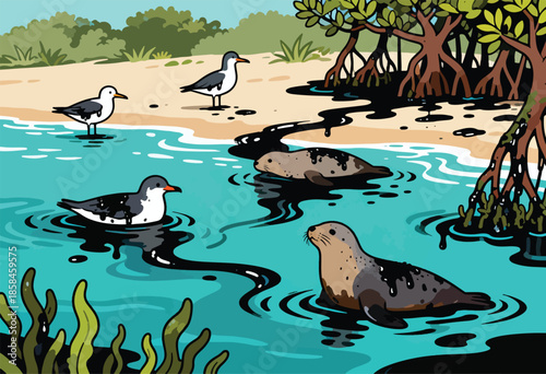 Oil spill contaminates ocean, harming seals and seabirds near mangroves