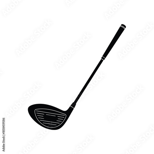 A sleek black silhouette of a golf club specifically a driver is prominently displayed against a plain white background signifying sport