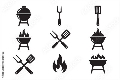 Vector  BBQ grill icon set. Barbecue, bar-b-q, spatula, grill fork, picnic, fire in simple flat style