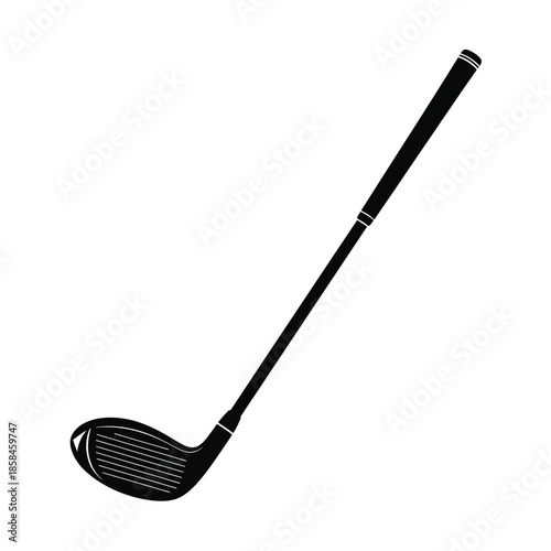 A sleek black silhouette of a modern golf club positioned diagonally against a pure white background highlighting its design high quality
