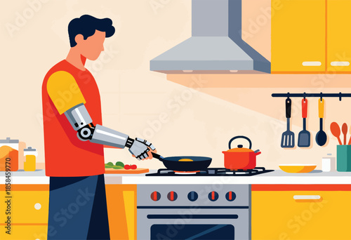 Person with prosthetic arm cooks meal in modern kitchen