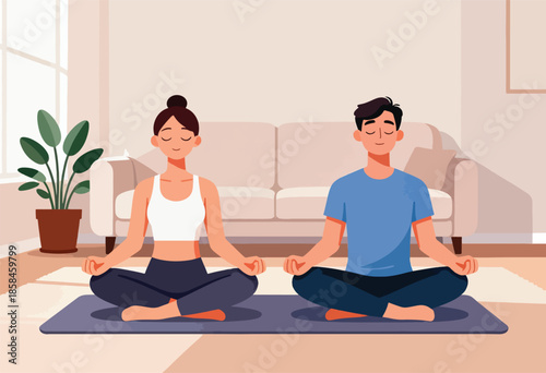 A couple meditates peacefully in a cozy living room with a plant nearby