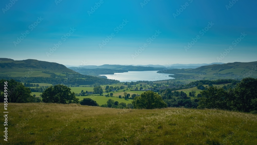 Fototapeta premium Panoramic view from Hamsfell summit showcasing southern Lake District topography, suitable for outdoor activity backgrounds